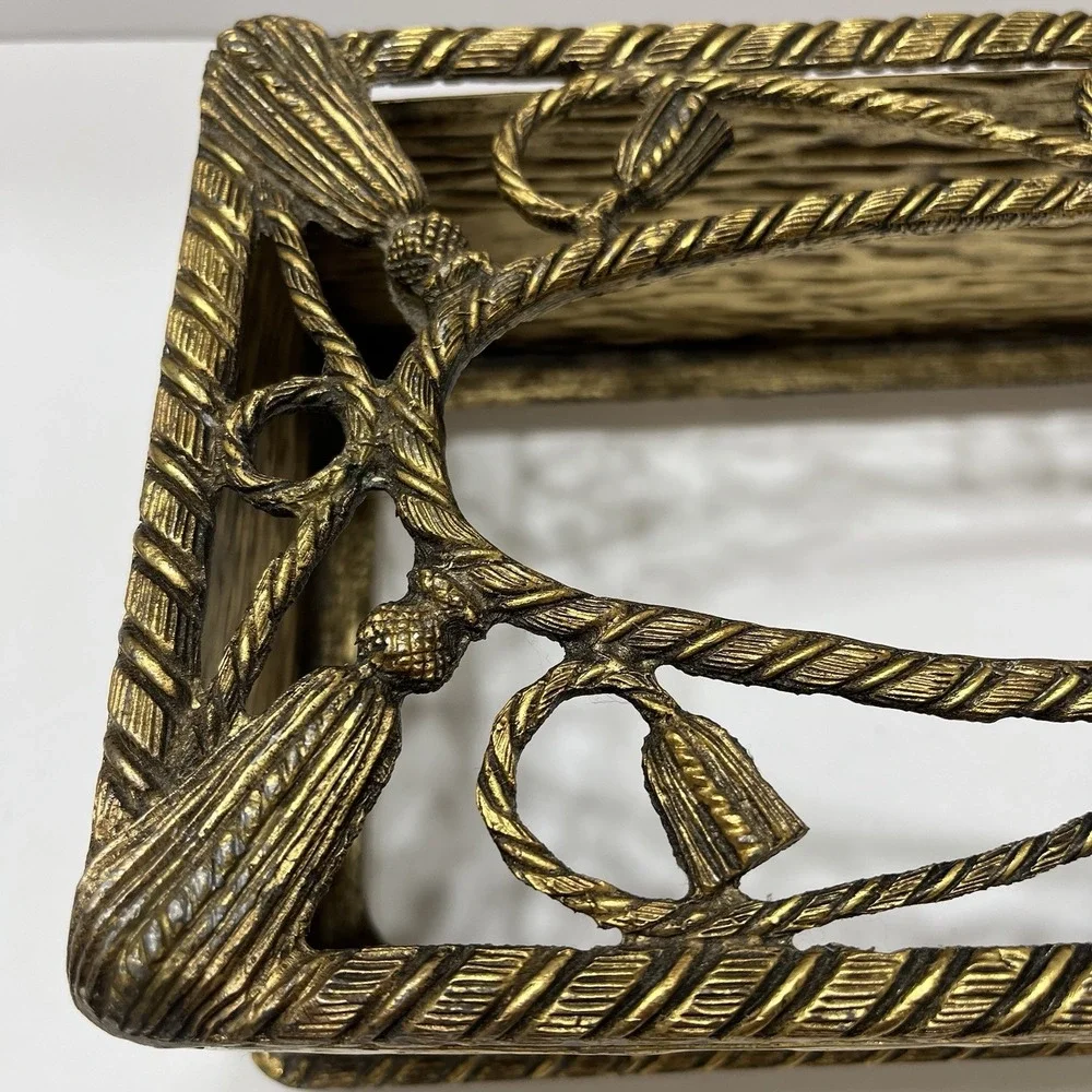 Vintage MCM Brass Tissue Box Cover Hollywood Regency Gold Filigree Tassels